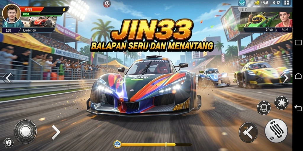 Gameplay seru JIN33 dengan mobil balap yang mendebarkan.