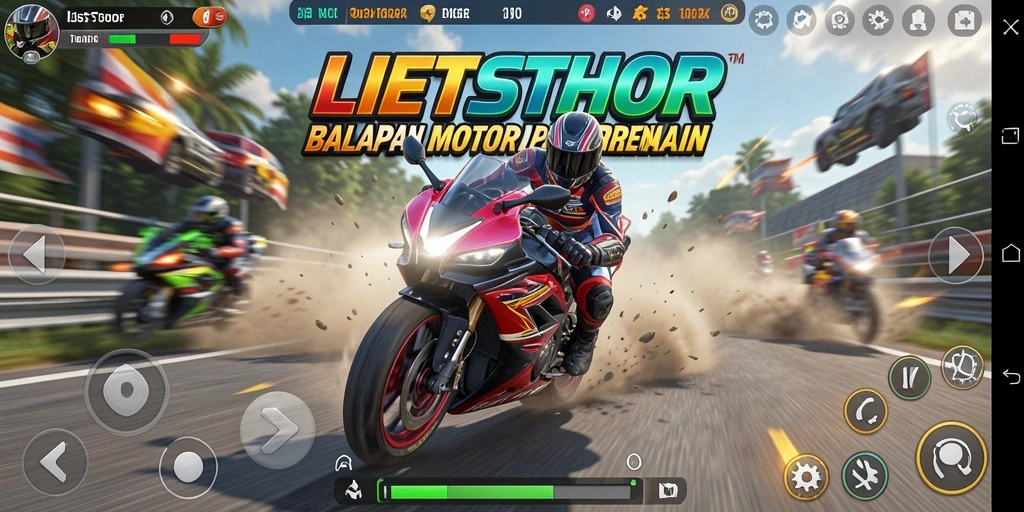 Tampilan gameplay LETSTHOR yang mendebarkan di trek motor racing.
