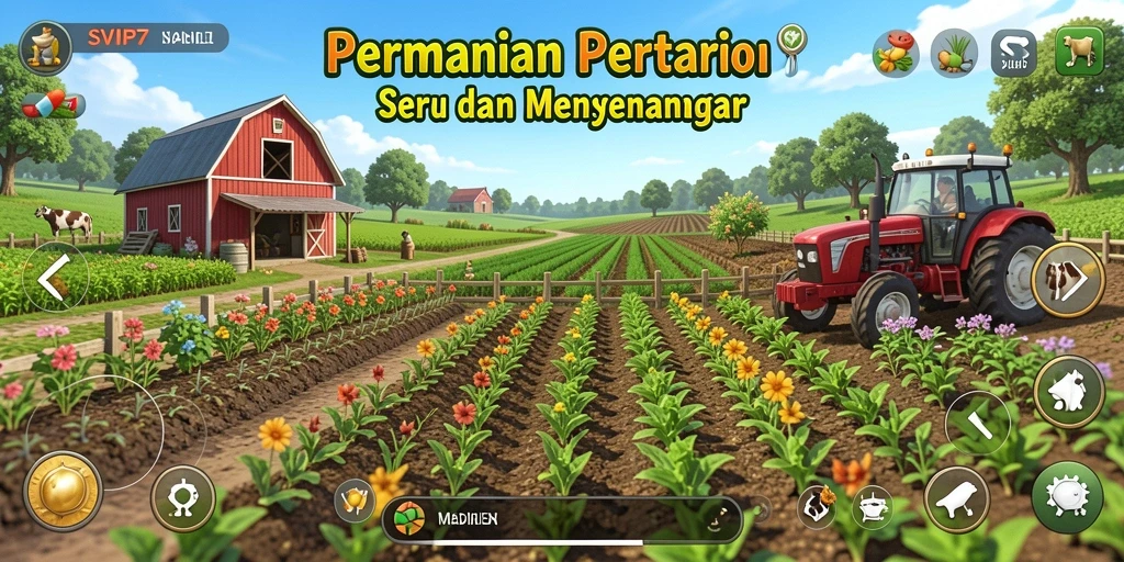 Screenshot gameplay SVIP7 menunjukkan lahan pertanian yang rimbun dan hewan ternak.