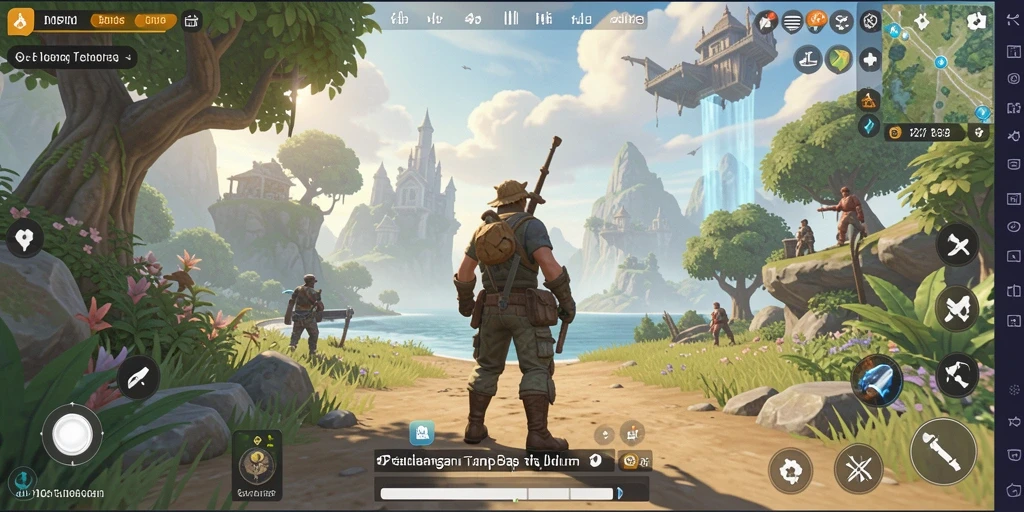 Screenshot gameplay V21 menunjukkan eksplorasi di dunia terbuka yang luas.